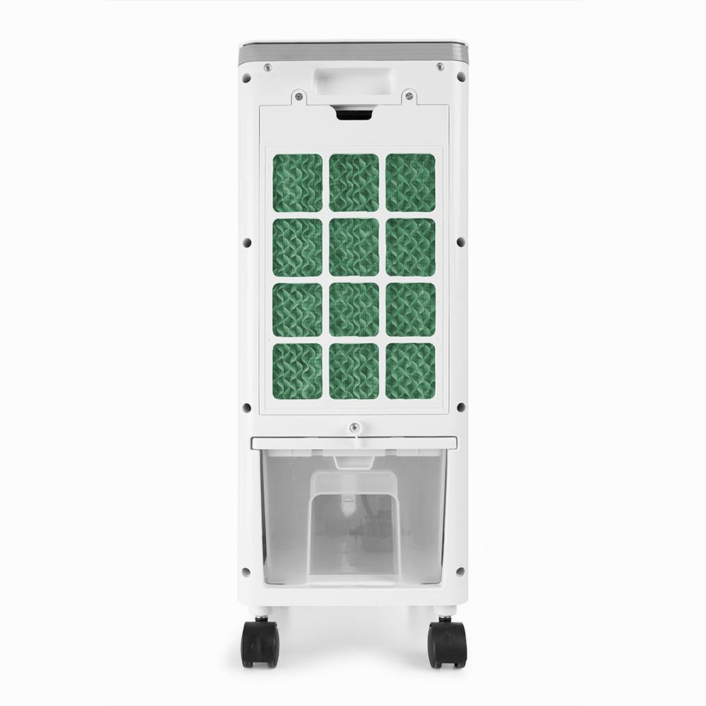 Un enfriador de aire blanco con filtros de panal verdes y depósito de agua transparente.