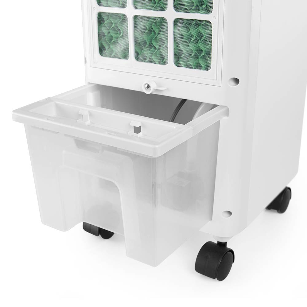 Enfriador de aire portátil blanco con depósito de agua transparente y almohadillas verdes.
