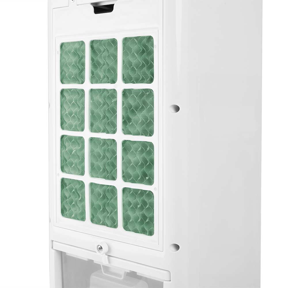 Unidad de refrigeración blanca con filtro visible de panal verde en varios cuadrados.