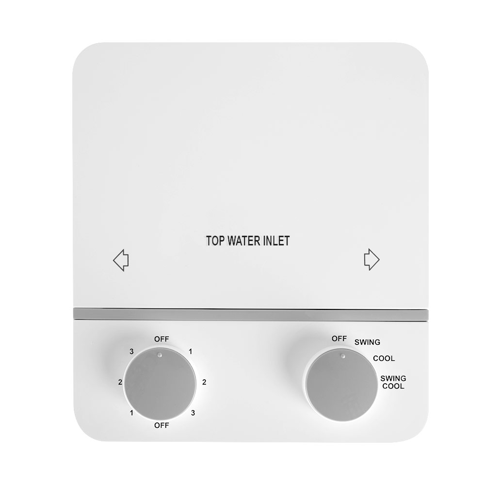 Unidad de ventilador blanca con dos diales y etiquetas.