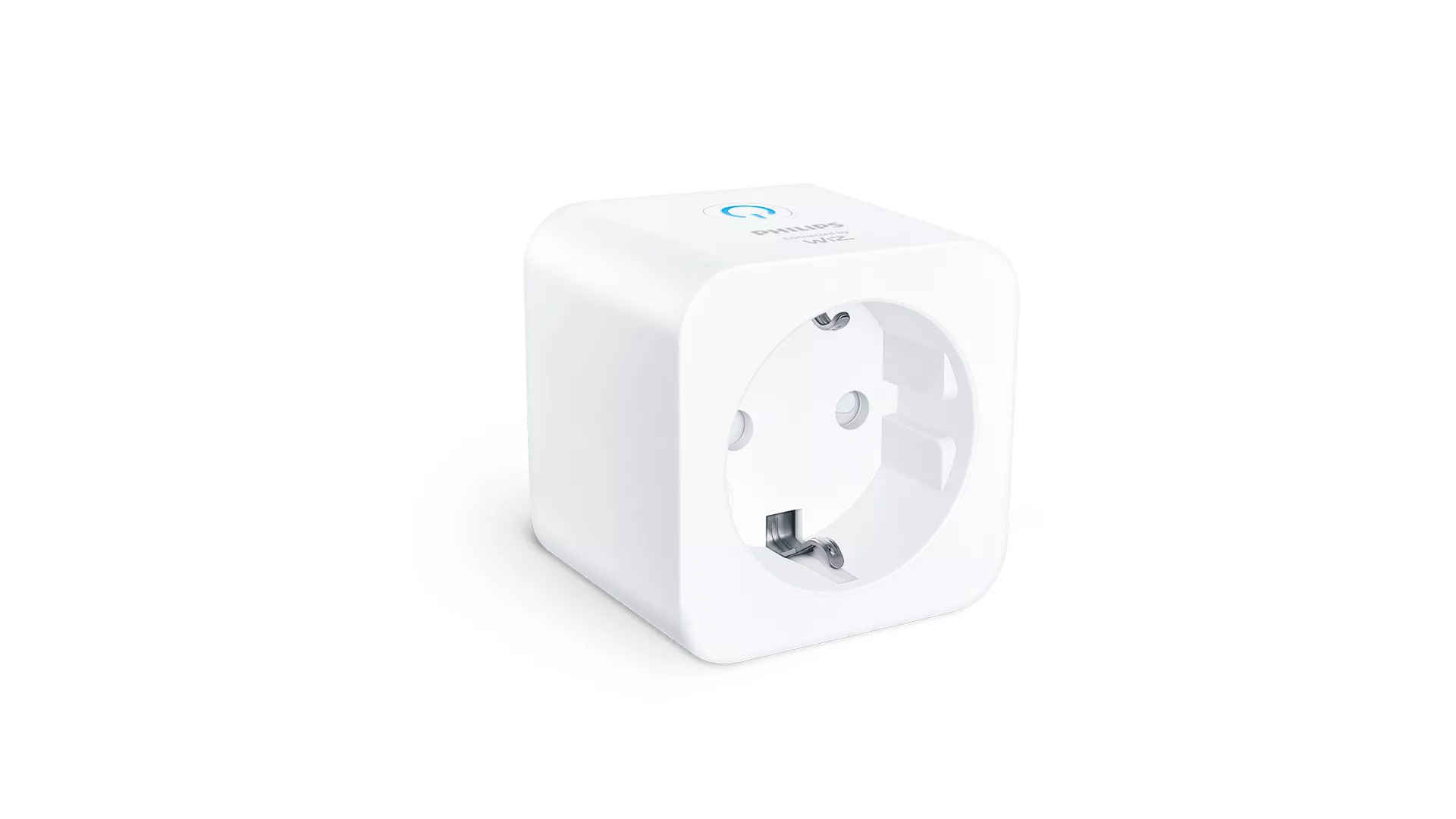 Un enchufe inteligente Philips Hue blanco con enchufe EU y símbolo azul.