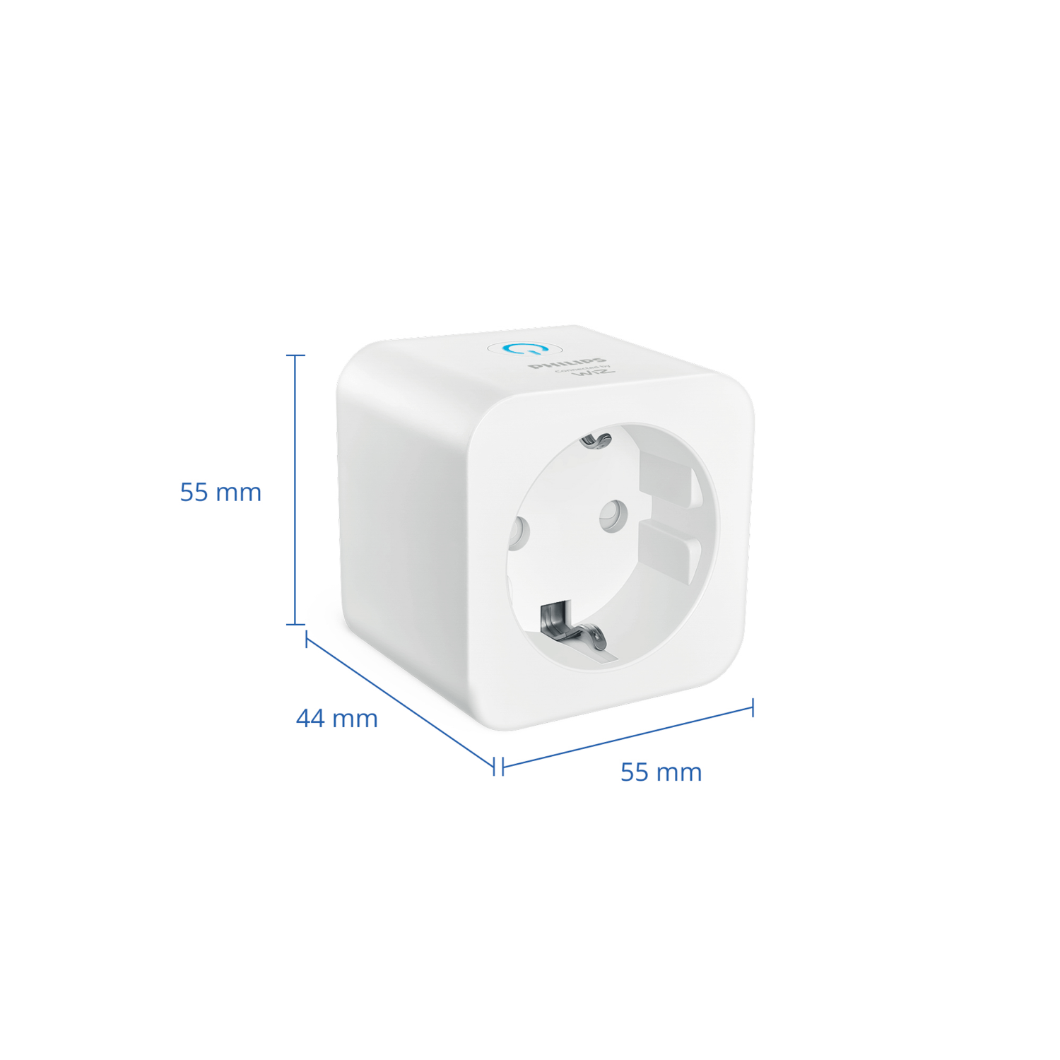 Enchufe inteligente blanco con luz azul, medidas 55x44x55mm.