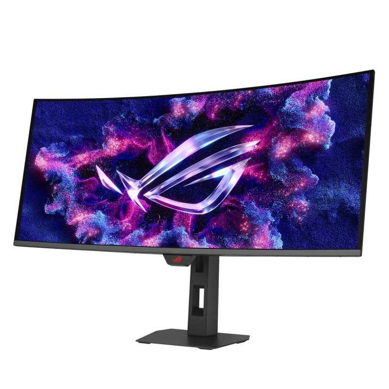 Monitor curvo para juegos con el logo de ROG sobre un fondo abstracto y colorido.