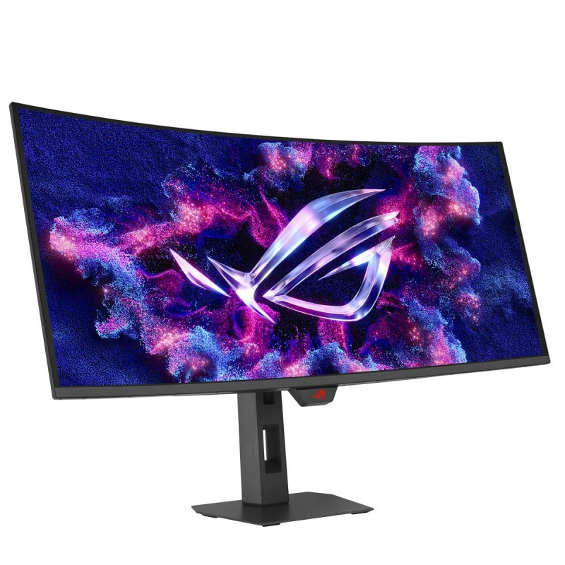 Un monitor curvo para juegos con el logo de ROG sobre un fondo morado y azul.