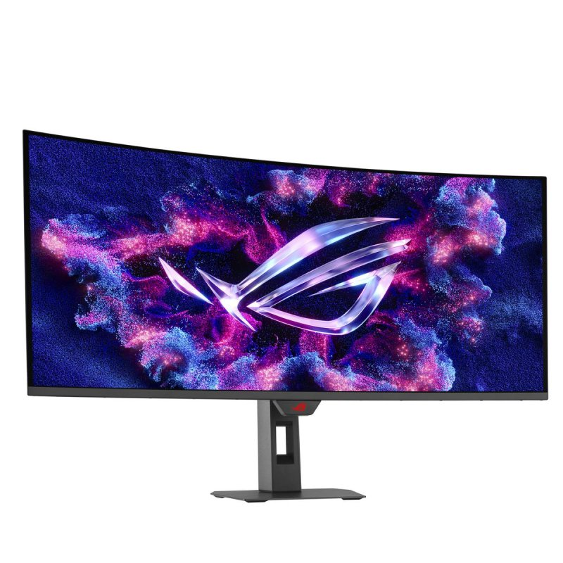 Un monitor curvo con un logo ROG sobre un fondo morado y azul.