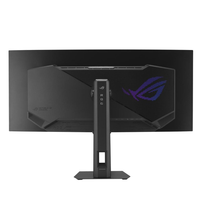 Vista trasera de un monitor gaming negro con logo ROG y soporte vertical.