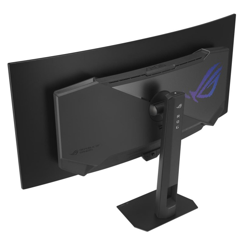 Vista trasera de un monitor negro curvo con el logo ROG.
