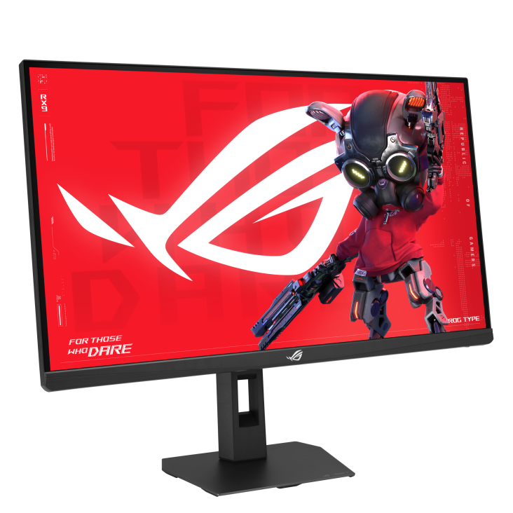 Un monitor gaming muestra una pantalla roja con un logo blanco de ROG y un personaje robot.
