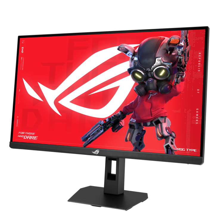 Un monitor muestra un gráfico rojo de fondo con un logo blanco de ROG y un personaje.
