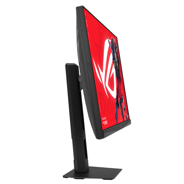 Monitor negro con logo ROG rojo y personaje de juego.
