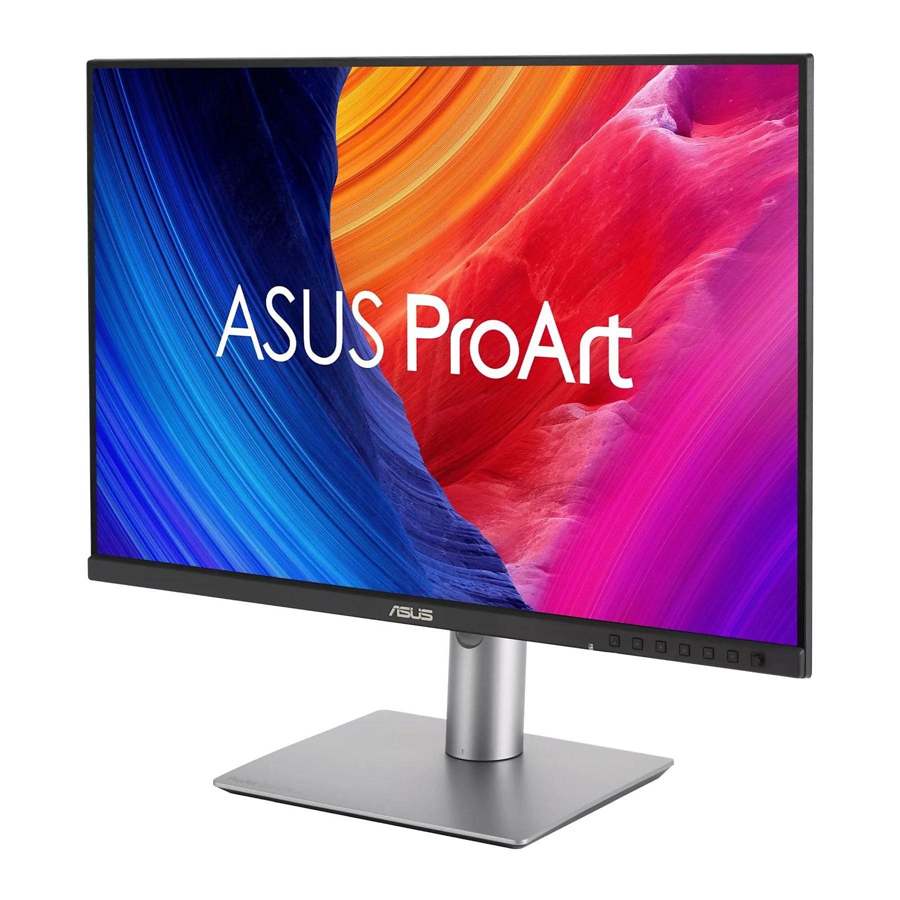 Un monitor ASUS ProArt que muestra un fondo abstracto y colorido.