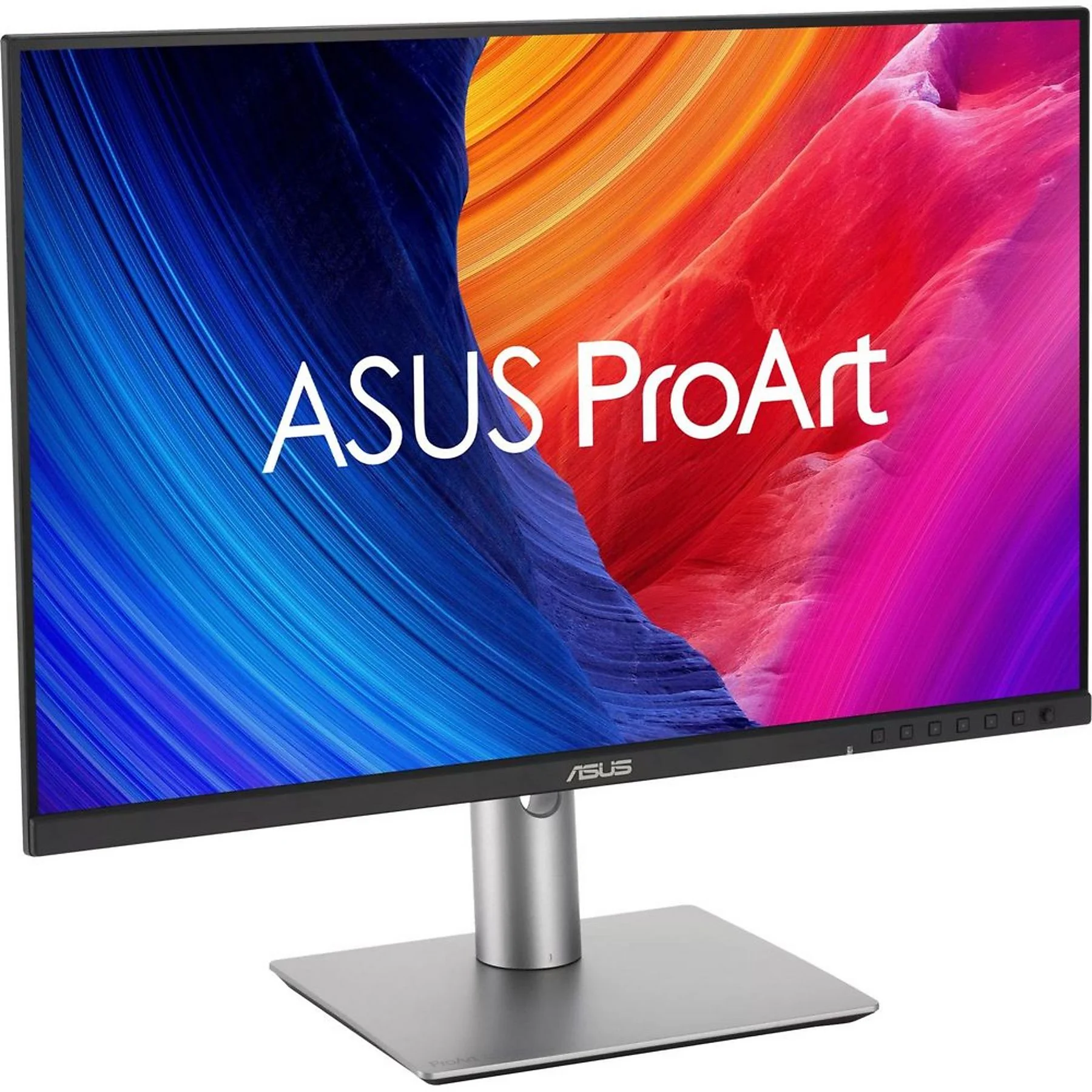Un monitor ASUS ProArt muestra un fondo abstracto en azul, naranja y rojo.