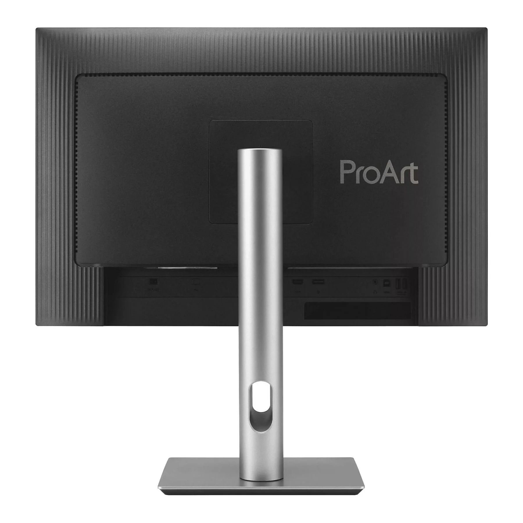 Parte trasera de un monitor negro con soporte plateado y puertos.
