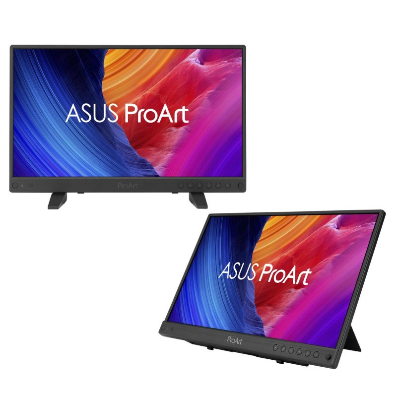 Dos monitores Asus ProArt con pantalla colorida y soportes.