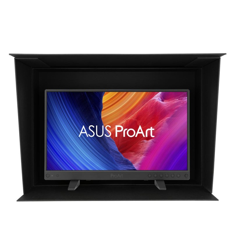 Un monitor negro con logo ASUS ProArt y fondo de pantalla colorido.