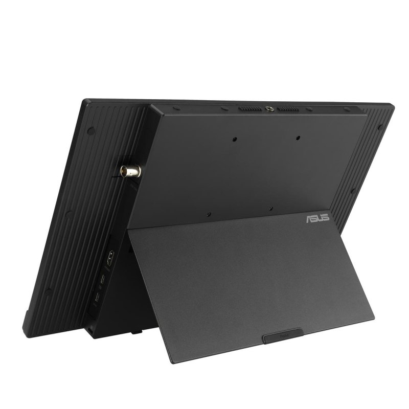Vista trasera de un monitor Asus negro con soporte plegable y puertos.