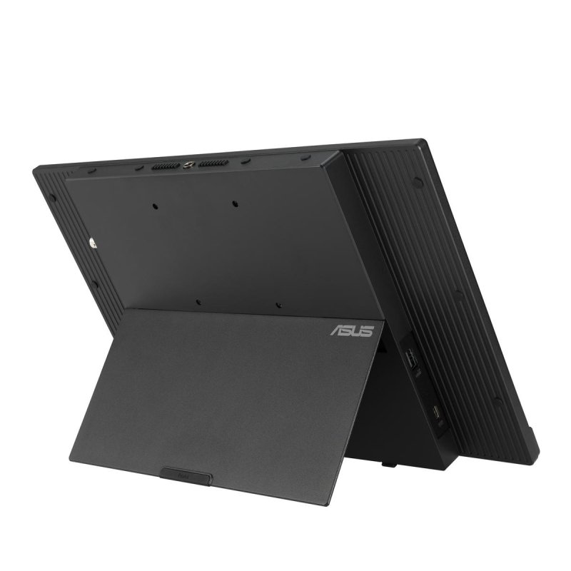 Monitor portátil Asus negro con soporte, visto desde atrás. Puertos visibles.