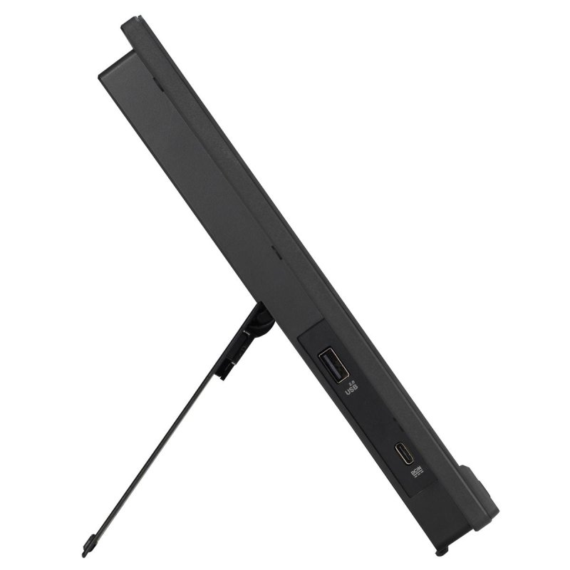 Dispositivo electrónico negro y delgado con soporte y puerto USB.