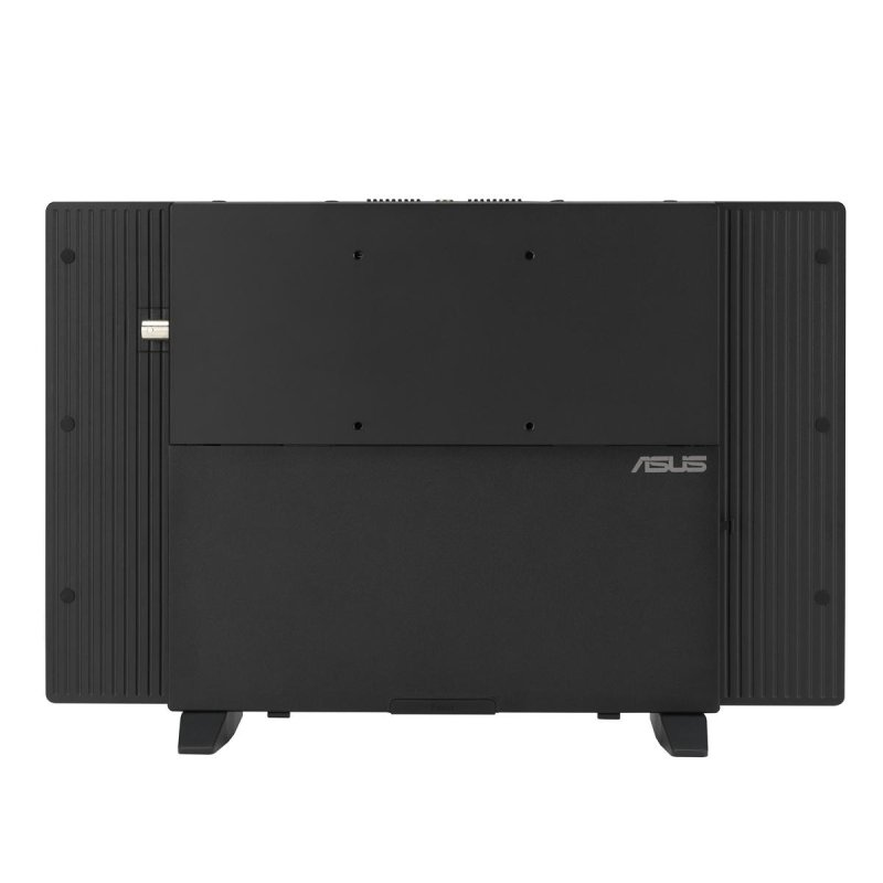 Vista trasera de un monitor Asus negro con ranuras de ventilación y soportes.
