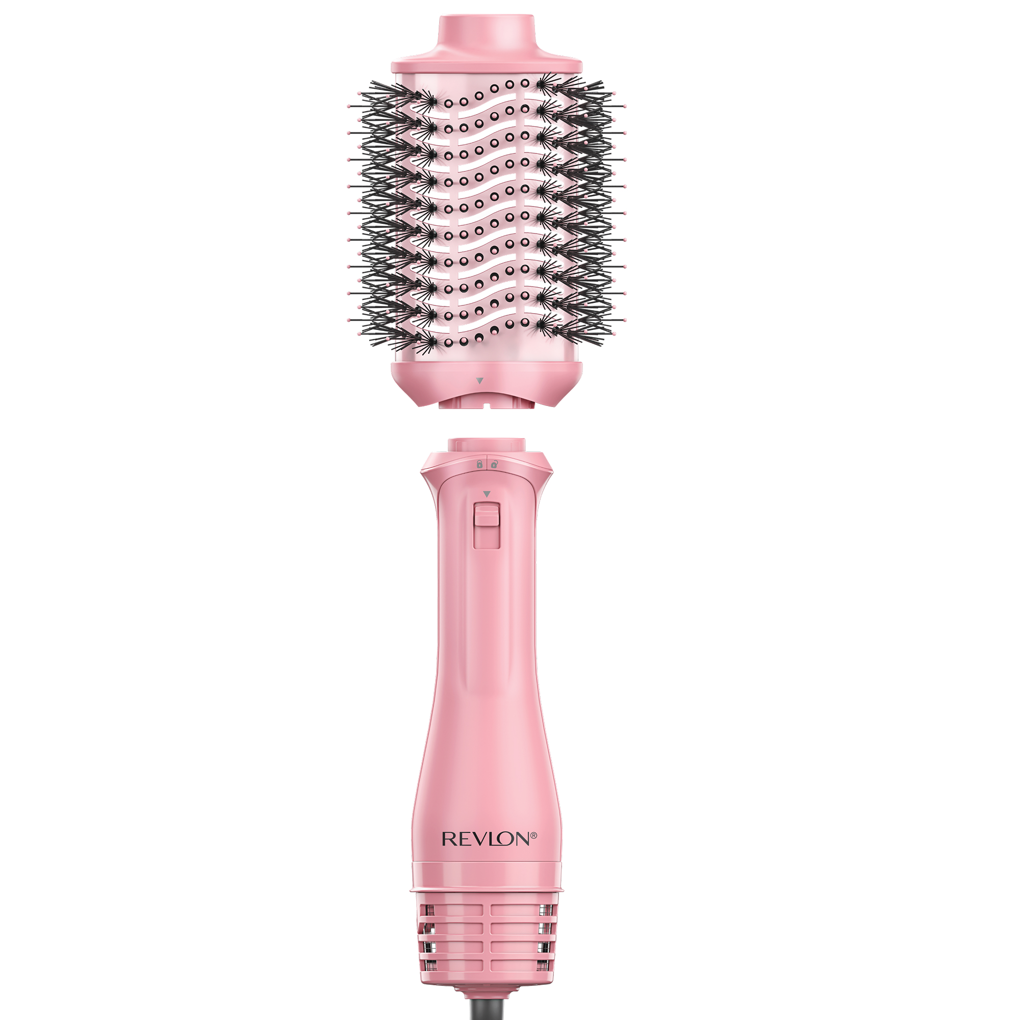 Un secador de pelo Revlon rosa con accesorio de cepillo redondo.