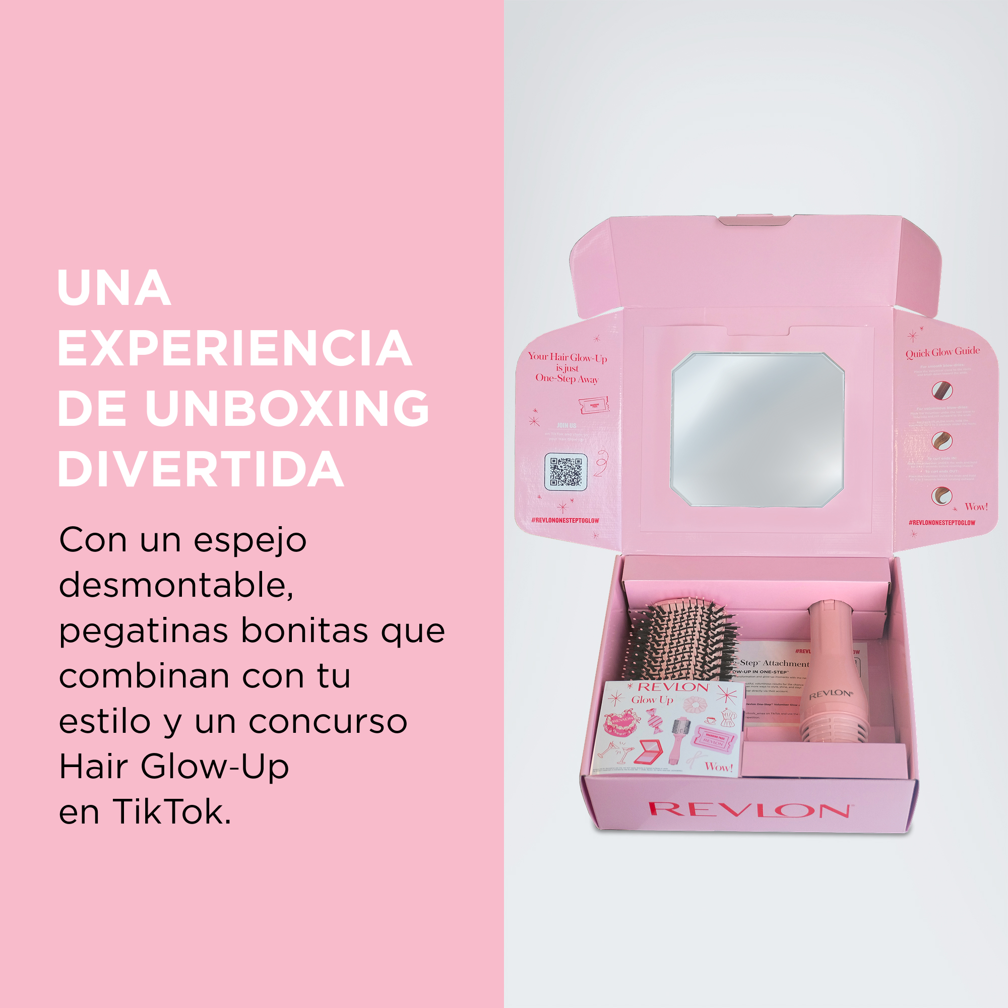 Una caja rosa con productos de peinado Revlon, espejo y pegatinas dentro.