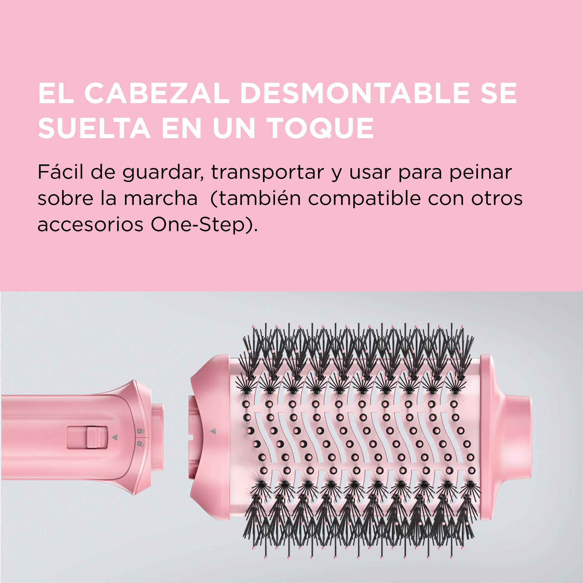 Un cabezal de cepillo rosa desmontable con cerdas negras y un mango.