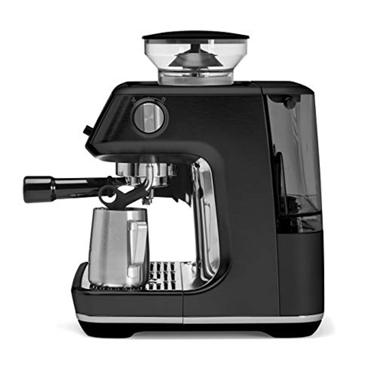Máquina de espresso negra con molinillo incorporado y detalles cromados.