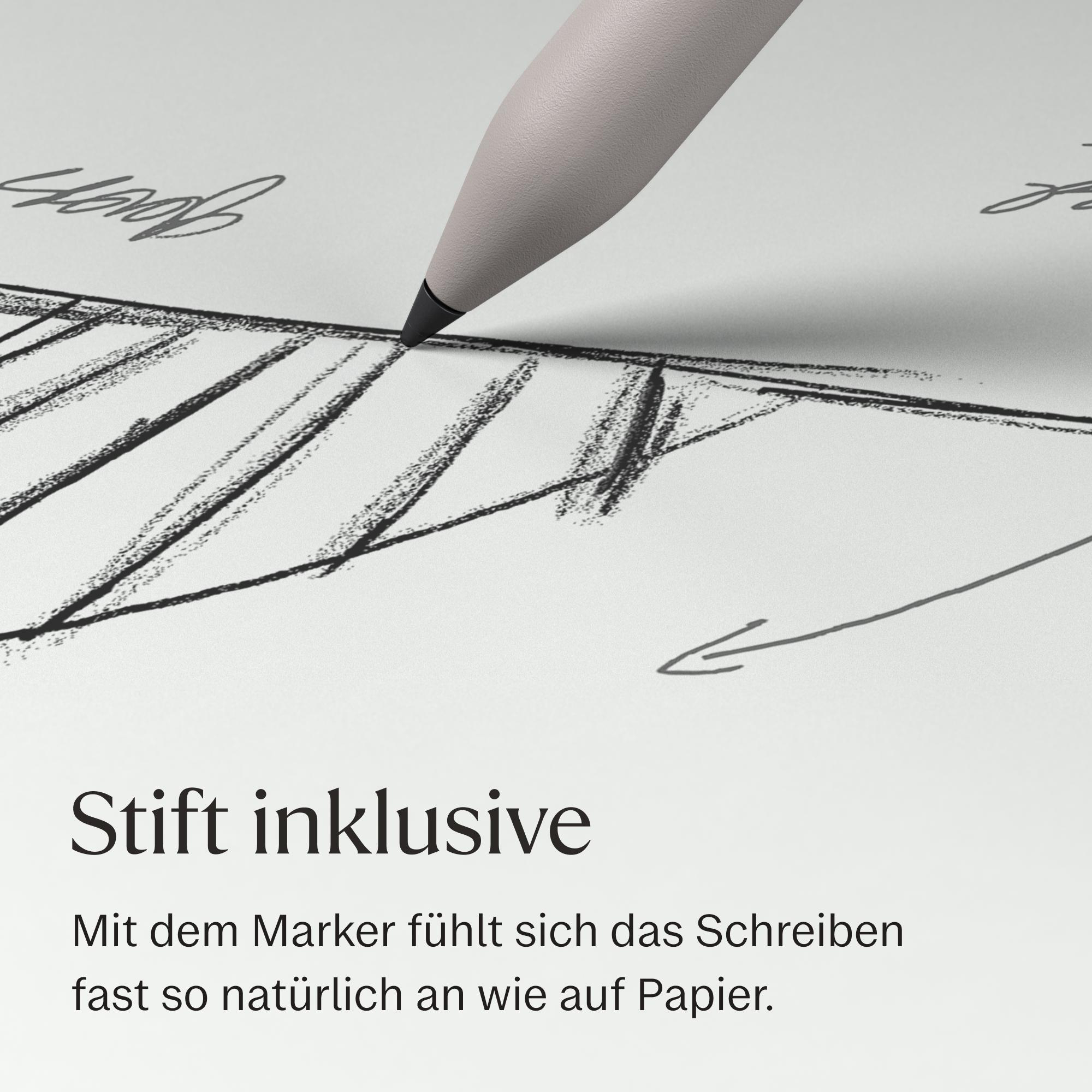 Grauer Stift schreibt auf Papier. Text: Stift inklusive.
