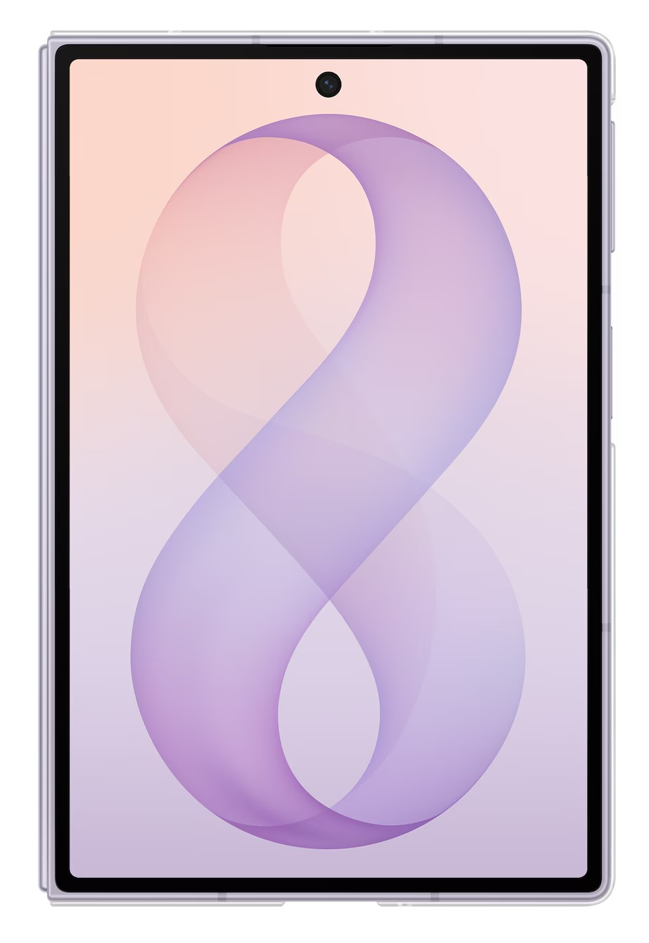 Srebrny tablet z fioletowo-brzoskwiniowym tłem tworzącym cyfrę 8.