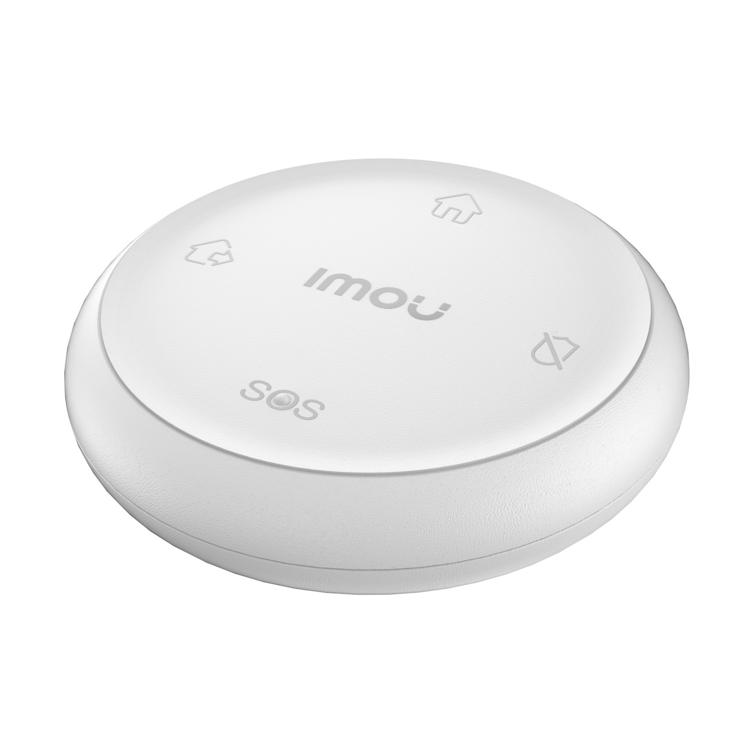 Un pulsante SOS Imou bianco e rotondo con icone di casa e campana.