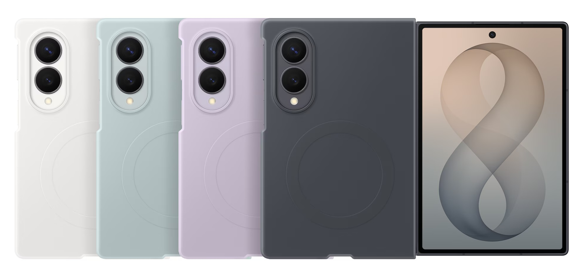 Cztery etui na telefon w kolorach białym, miętowym, fioletowym i ciemnoszarym obok siebie, po prawej telefon.