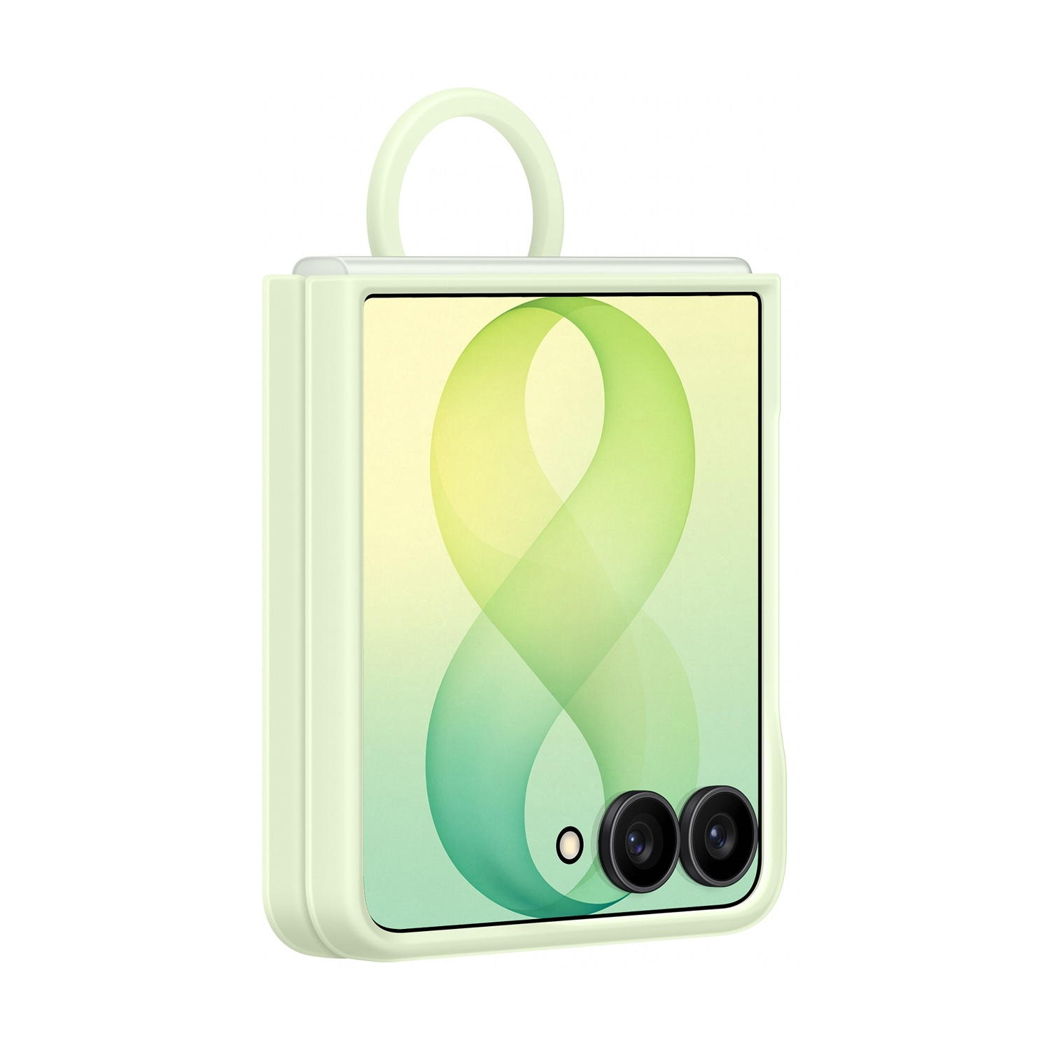Una custodia per telefono verde chiaro con un anello in alto e due obiettivi sul retro.