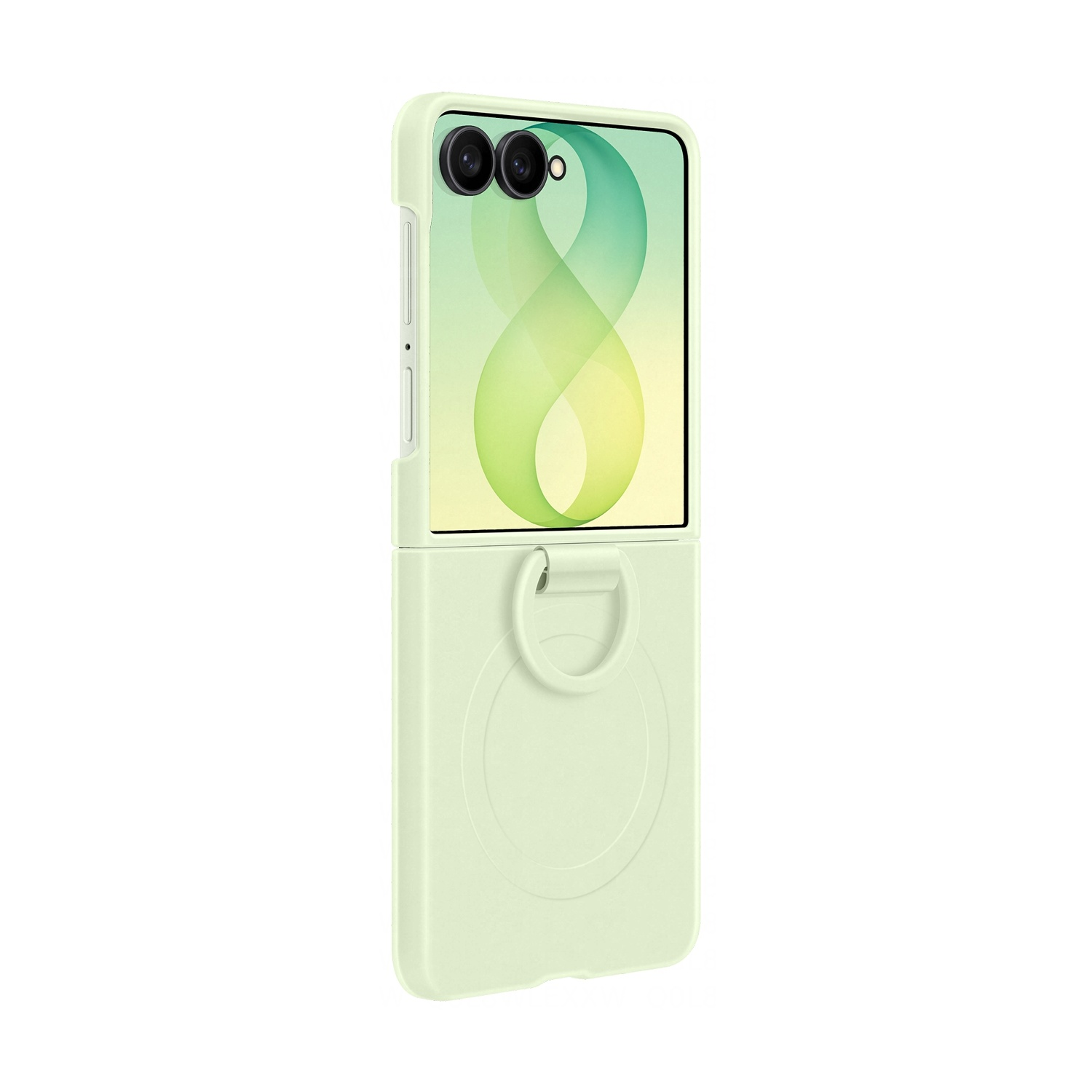 Un telefono flip verde chiaro con doppia fotocamera e anello sul retro.