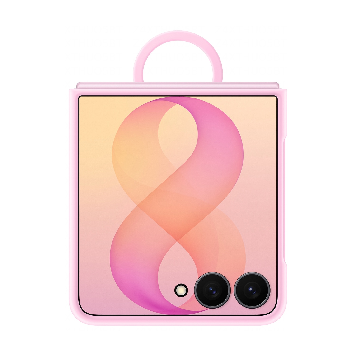 Un telefono flip rosa con un grande motivo astratto rosa sullo schermo e due fotocamere.