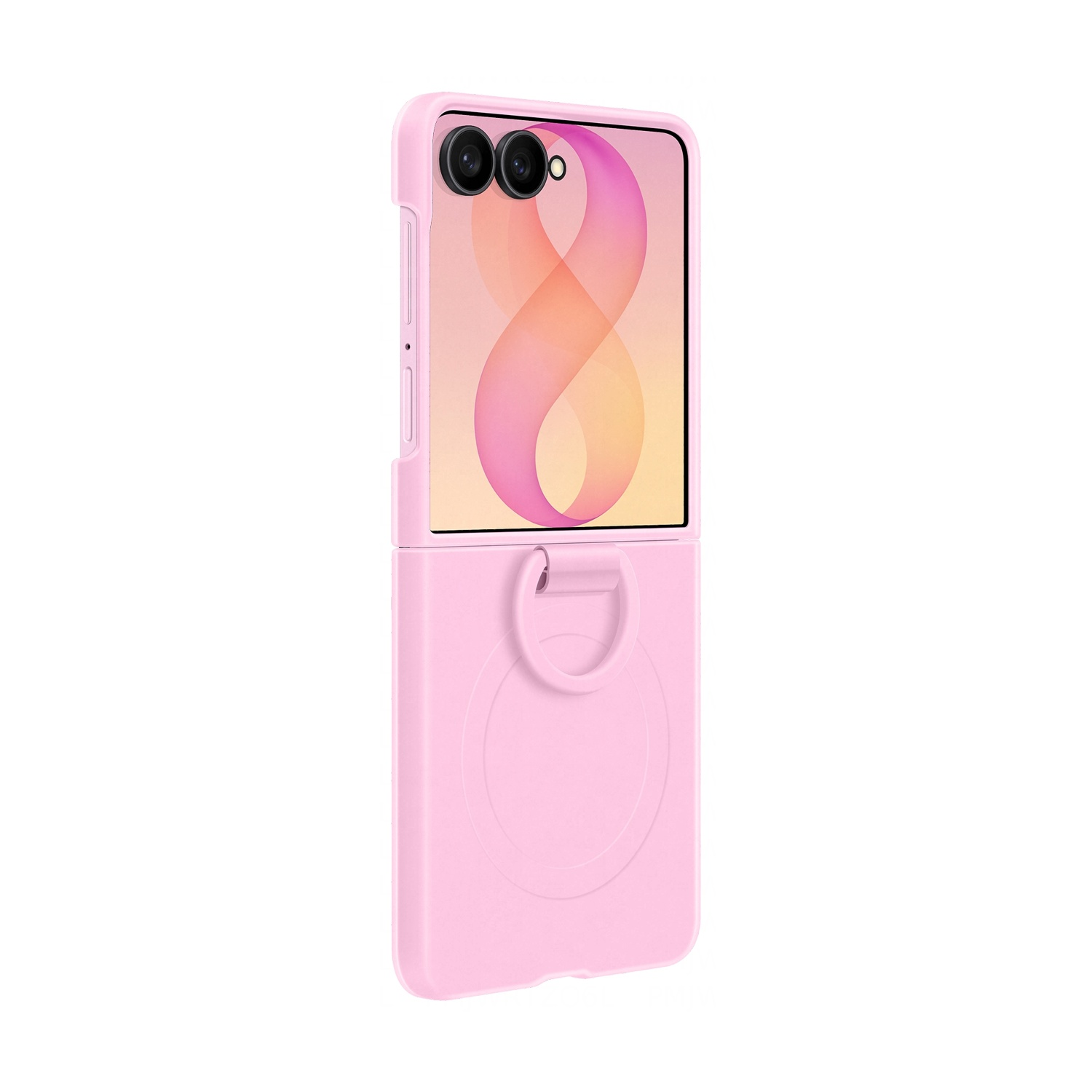 Un telefono a conchiglia rosa con due fotocamere e un anello portaoggetti.
