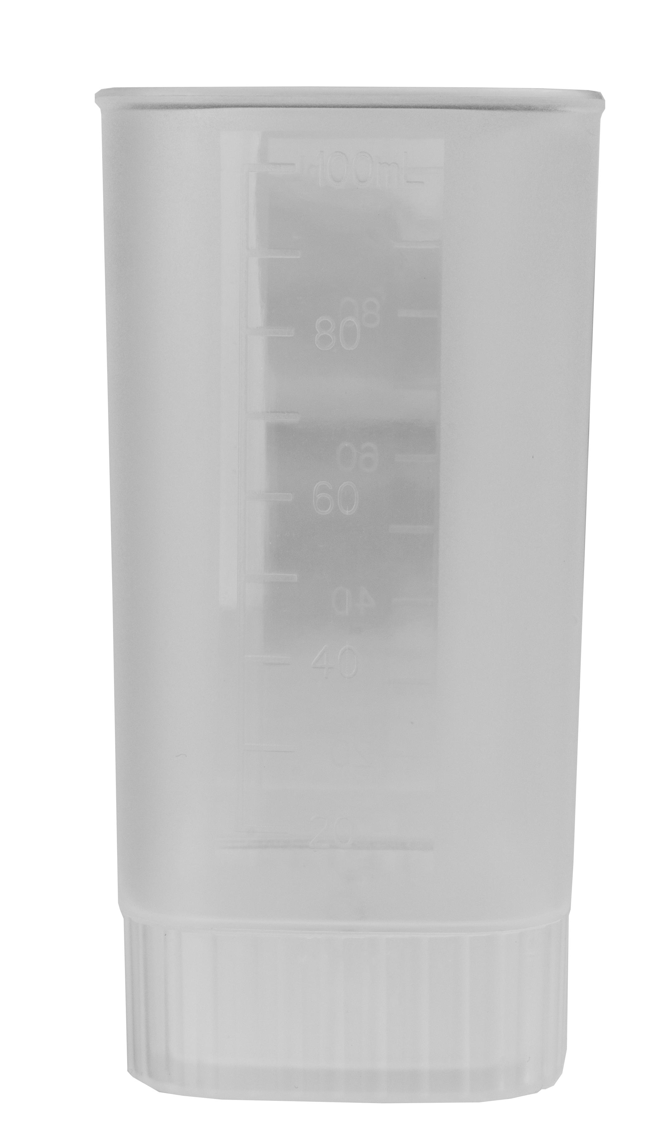 Ein transparenter Messbecher mit Markierungen für 20, 40, 60, 80 und 100 ml.
