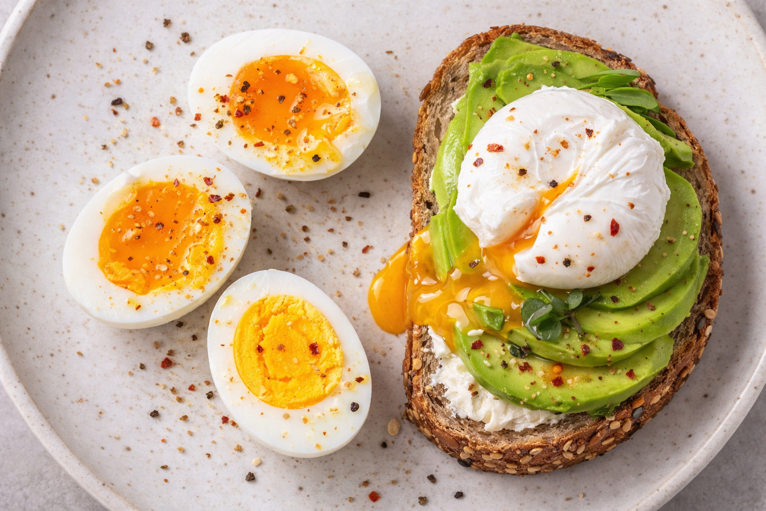 Ein Toast mit Avocado, pochiertem Ei und gekochten Eiern auf einem Teller.