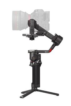 Czarny gimbal do kamery ze statywem, białe tło