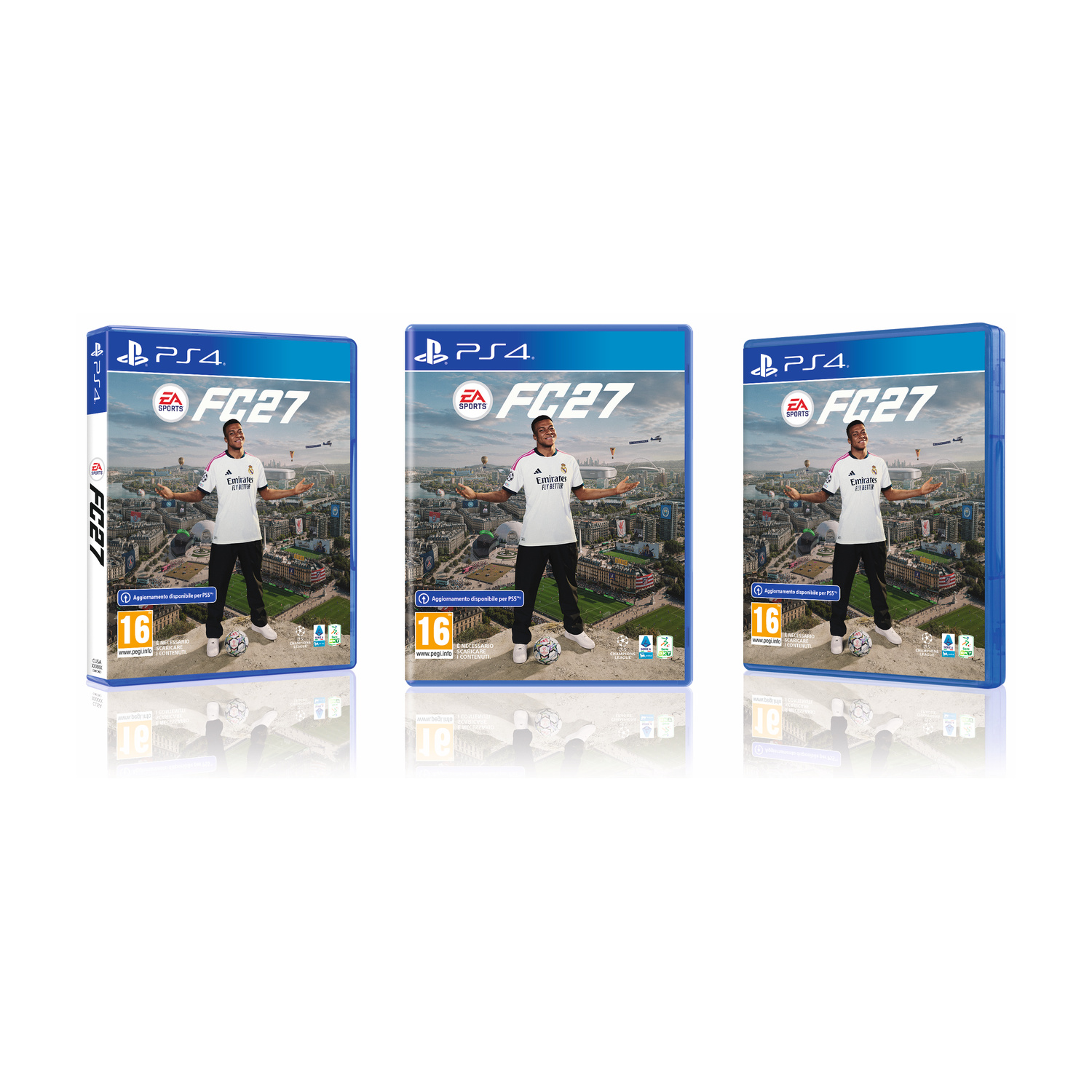 Tre custodie per PS4 per FC27 con un calciatore davanti a un paesaggio urbano.