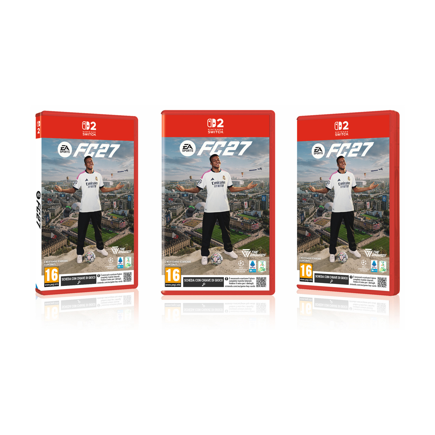 Tre custodie del gioco Nintendo Switch FC 27 con un giocatore sulla copertina.