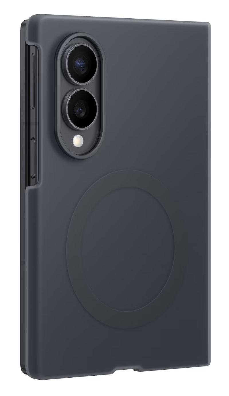 Ciemnoszary telefon z dwoma obiektywami i kółkiem z tyłu.