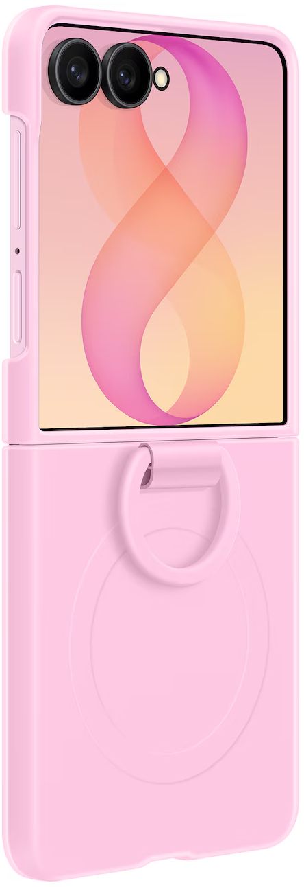 Egy rózsaszín flip telefon két kamerával és gyűrűs tartóval.