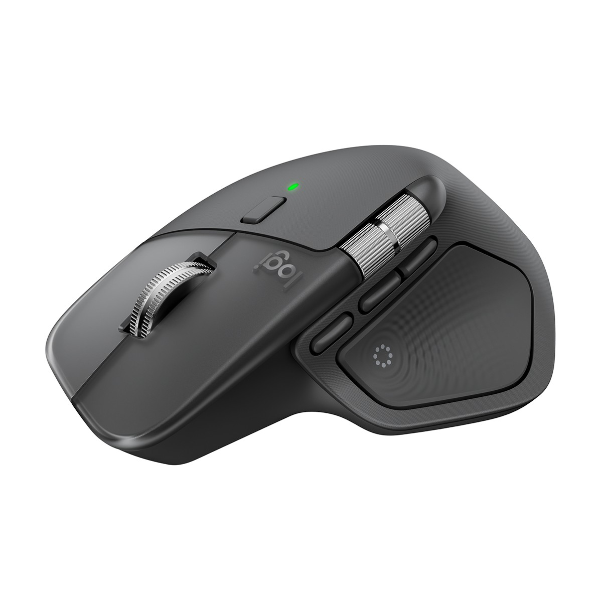 Kaydırma tekerleği, başparmak tekerleği ve başparmak düğmeleri olan koyu renkli Logitech fare.