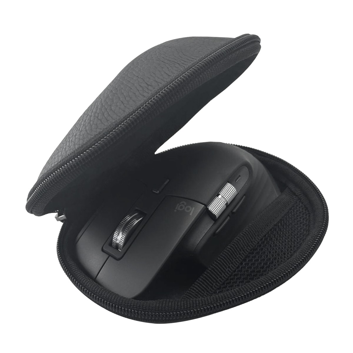 Açık siyah fermuarlı koruyucu kılıf içinde siyah Logitech fare.