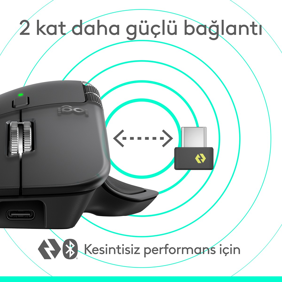 Siyah fare ve USB alıcısı, dalgalı çizgiler ve metin.