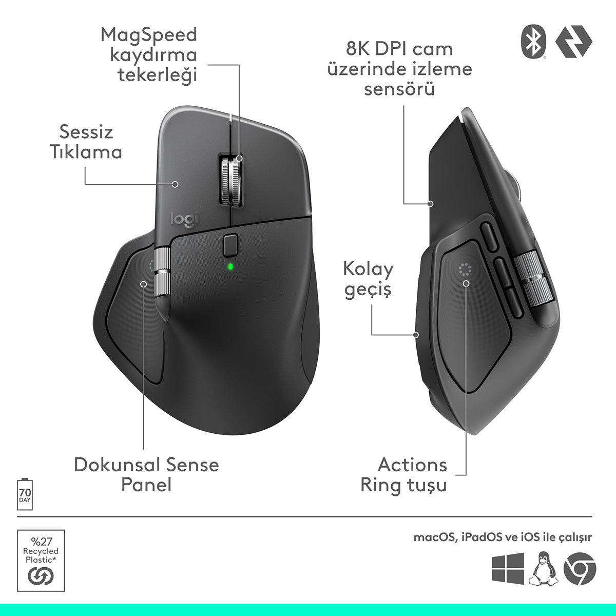 MagSpeed kaydırma tekerlekli, 8K sensörlü, dokunmatik panelli, siyah Logitech fare.