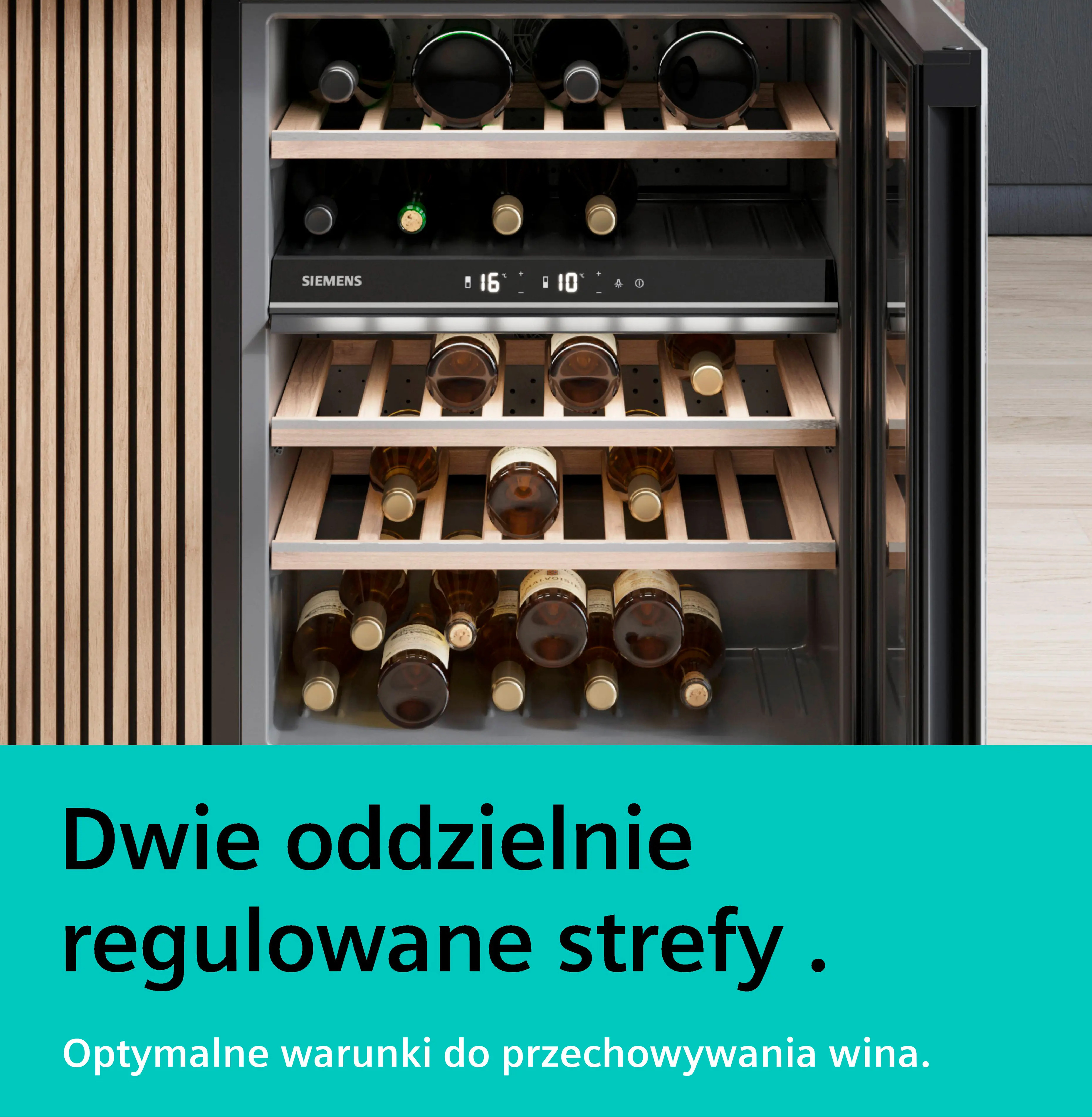Chłodziarka do wina z drewnianymi akcentami, wypełniona butelkami.
