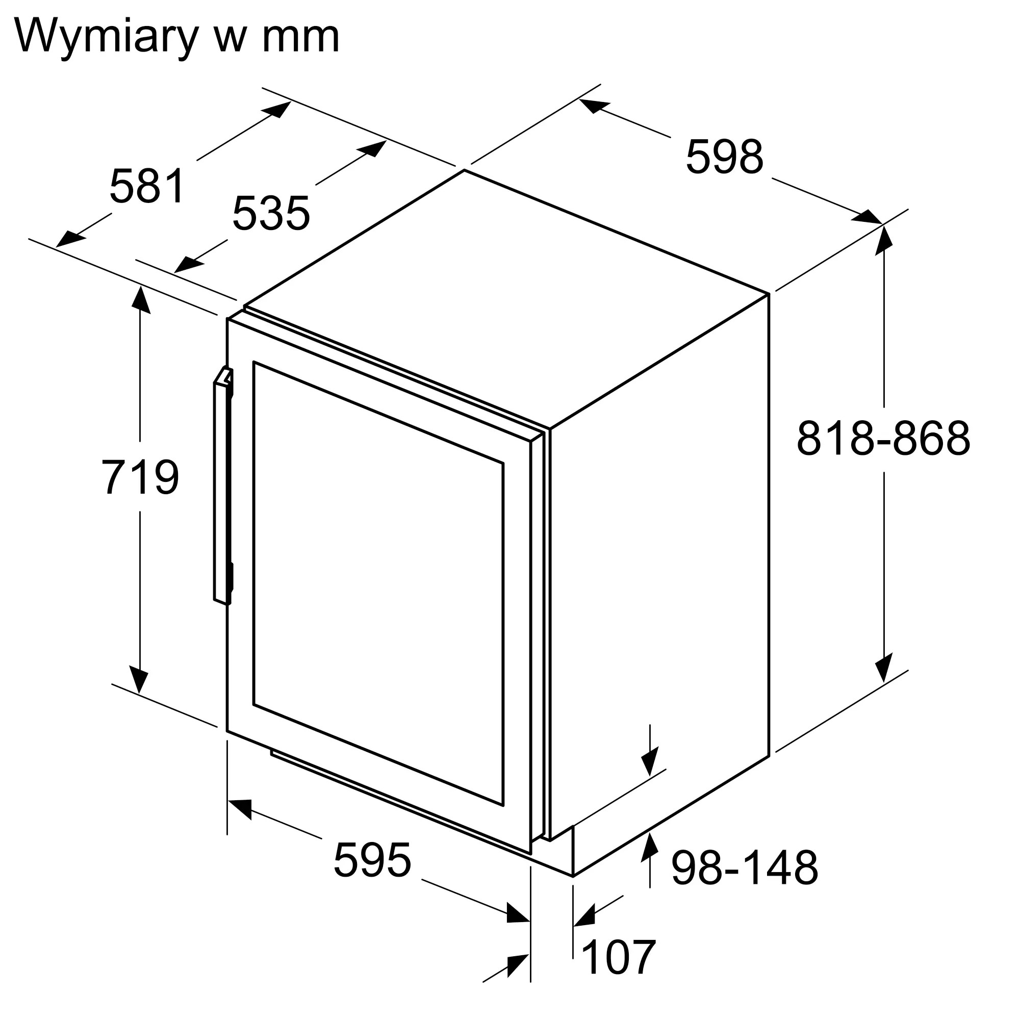 Rysunek techniczny lodówki z wymiarami w mm.