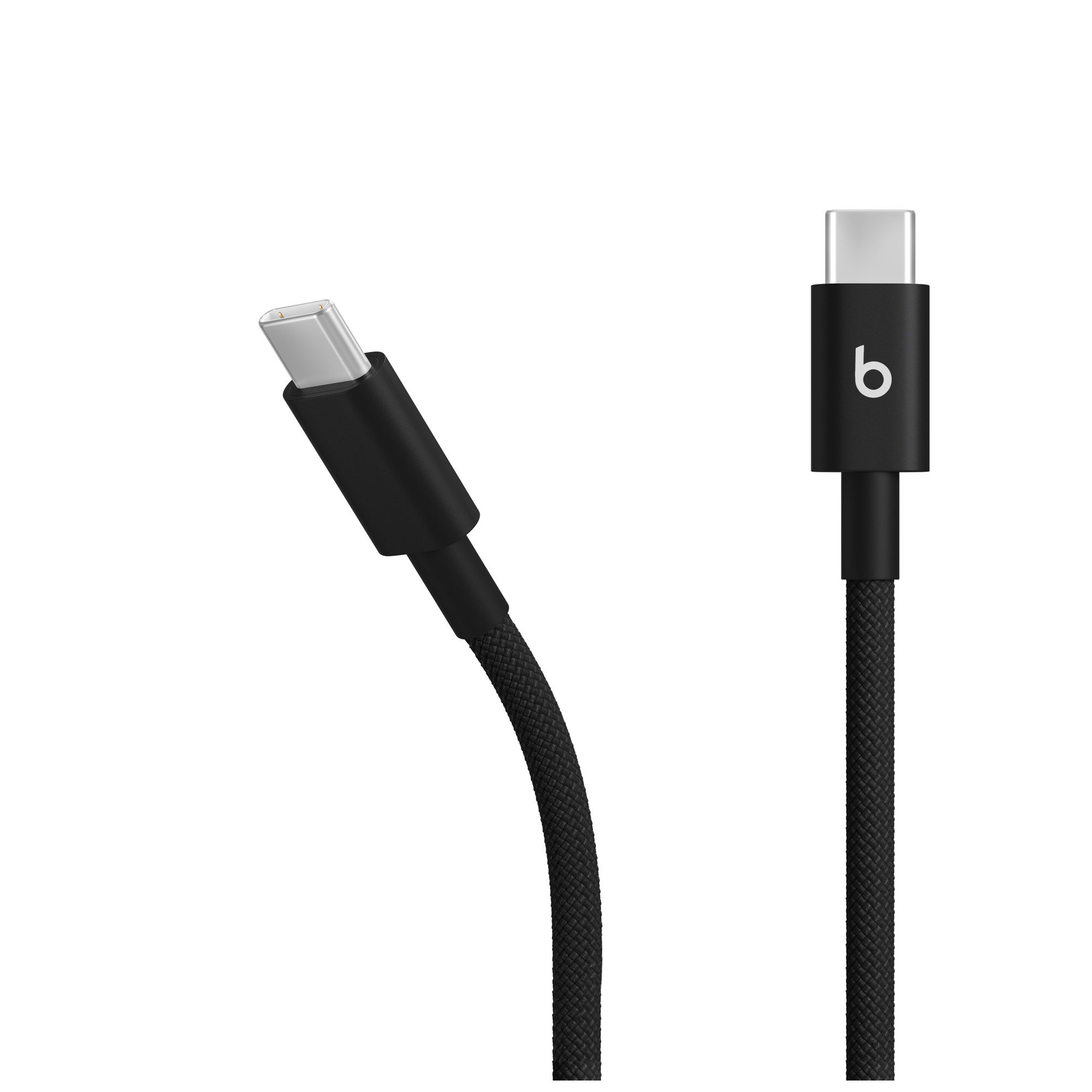Gümüş konektörlü iki siyah USB-C kablosu beyaz arka planda.