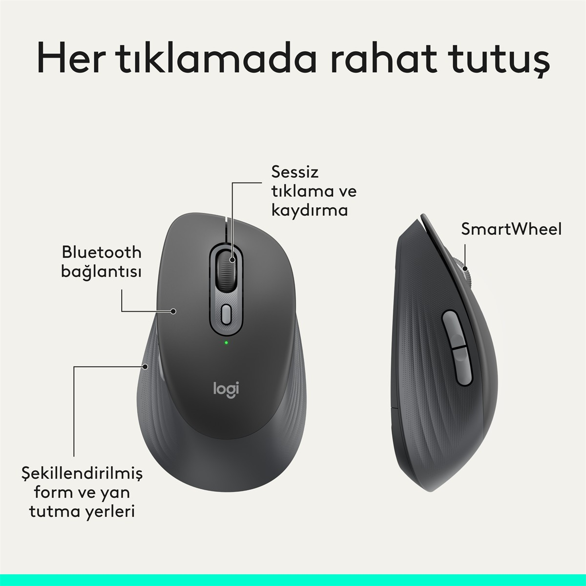 Bluetooth, sessiz tıklama, SmartWheel ve tutuş için etiketli gri Logitech fare.